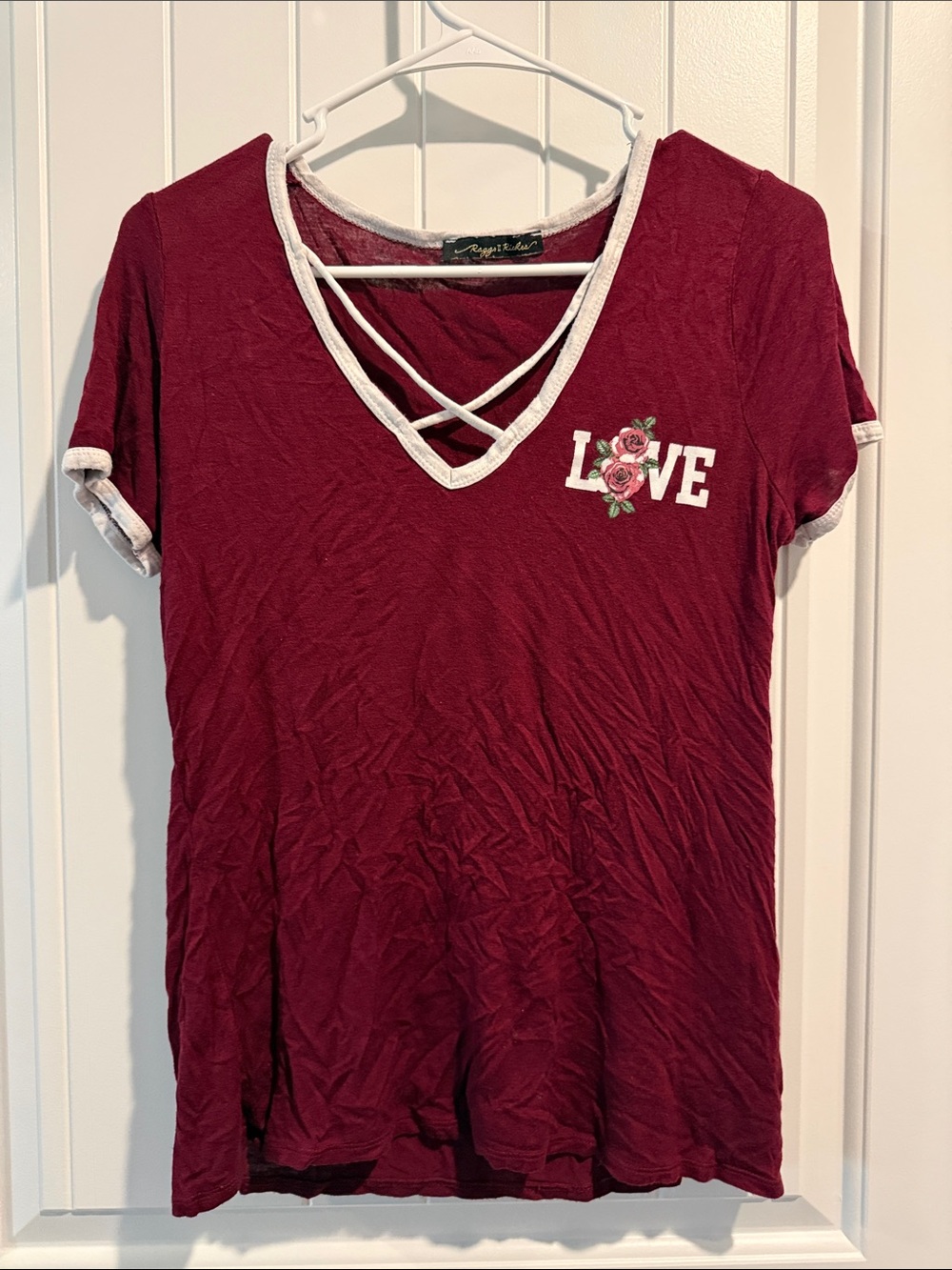 Crisscross V‑Neck Love Tee in Burgundy with White Trim